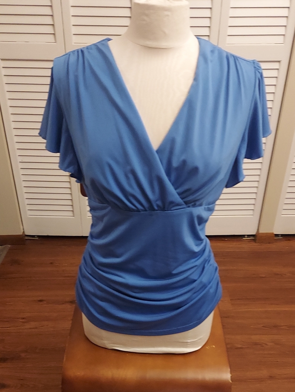Blue Wrap V-Neck Flutter Sleeve Top